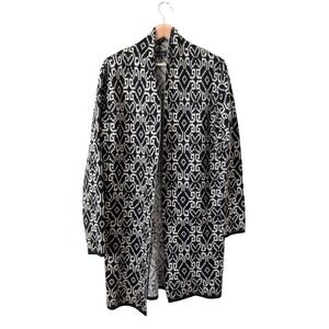 II Sisters Womens Black White Geometric Ikat Open Front Longline Cardigan Size M